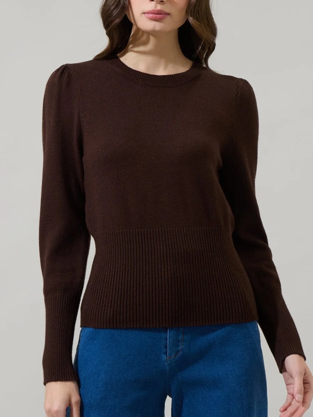 Sugarlips Sierra Puff Sleeve Ribbed Soft Sweater Chocolate Brown Medium NWT $60
